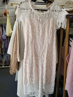 Soieblu Cream Lace Midi Dress with White Overlay